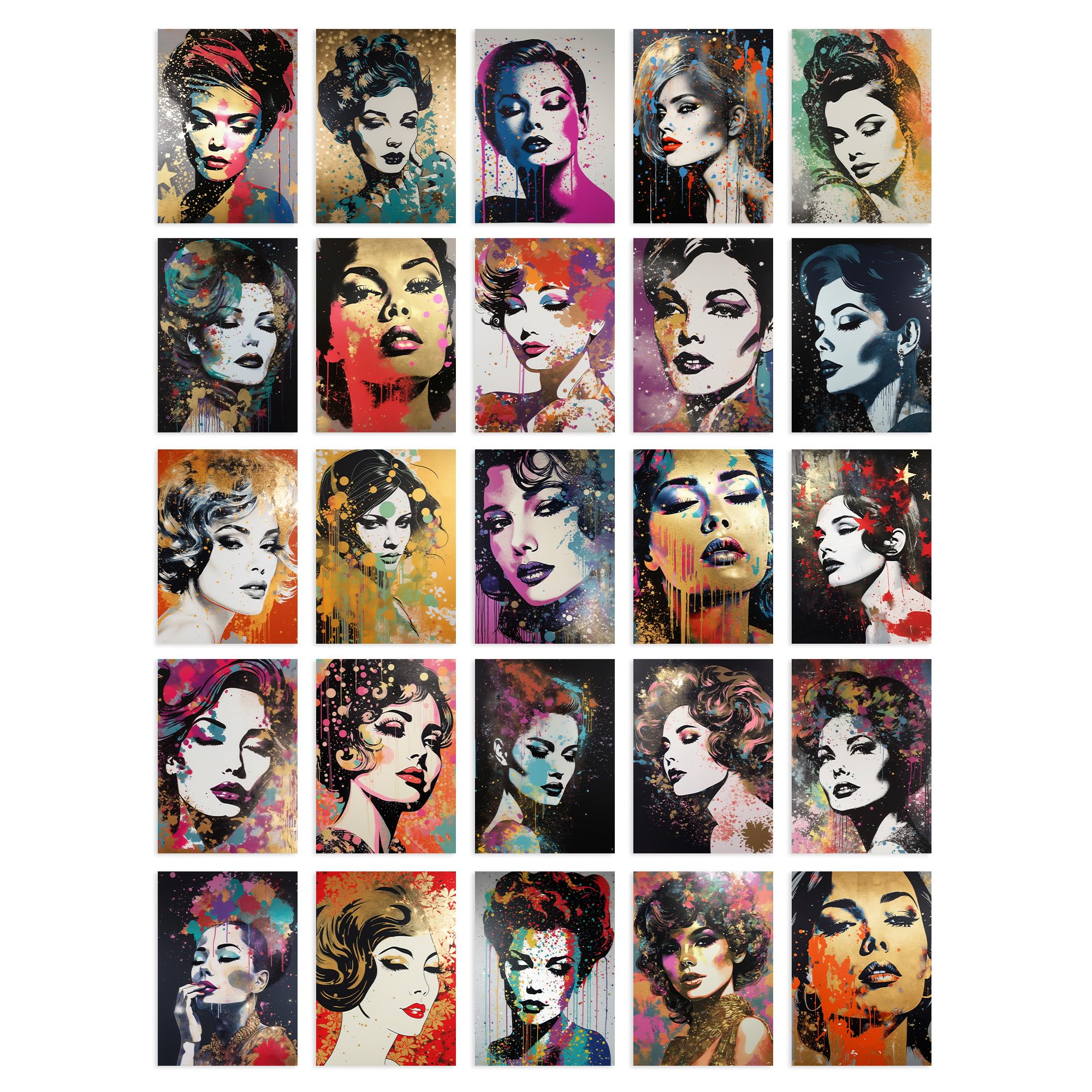 Artery8 50 Pcs Glitter & Glamour Women Portraits Collage Kit Gold Bold Modern Retro Pop Street Art Wall Prints A6 Set Pack 14.8 x 10.5 cm (5.8 x 4.1) Bedroom Teen Girl