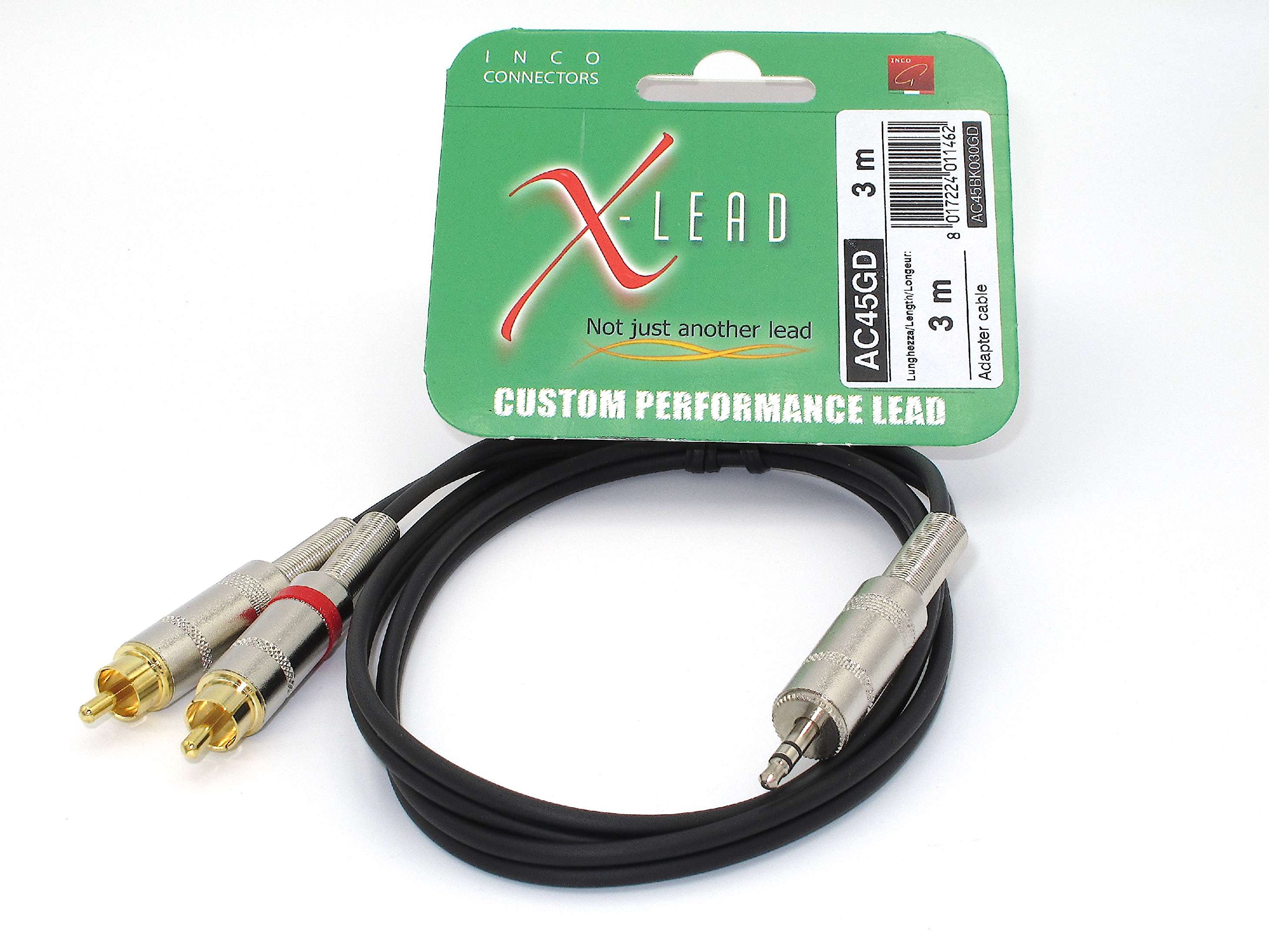 X-LEAD AC45GD010BK Professional adapter - Insert cables - RCA type gold plated tip / 3,5mm 3-pole, metal handle - (1 m, black) - made in Italy by INCO