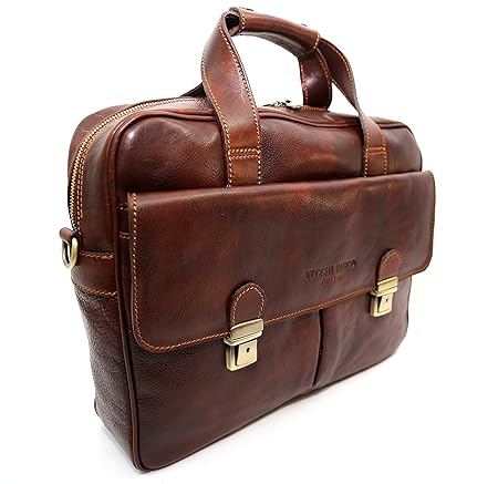 Working Handbag in Genuine Leather, Natural Tanned, Barletta, Made in Italy, CREEO Leather (Brown)