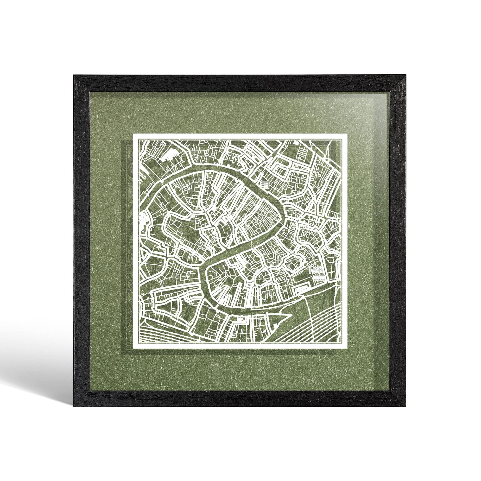 O3 DESIGN STUDIO Venice Paper Cut Map framed, White map, Black frame, 9x9 inches, Gift Boxed, 4 background color, self-changing, Paper Art