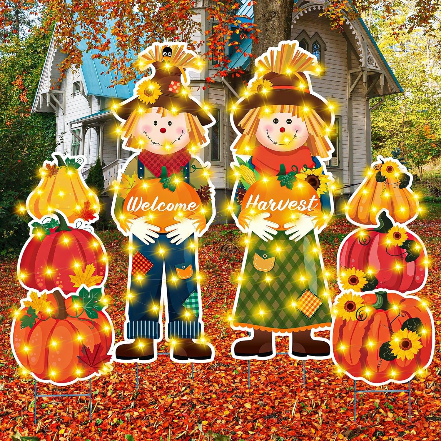 Yard Signs - Soaoo 2 Pcs Thanksgiving Yard Signs Scarecrow Outdoor Decor 6 Pumpkin Fall Yard Stakes with 4 LED Light Strings 32 Inch Welcome Harvest Scarecrows for Lawn Garden Porch Home Decorations