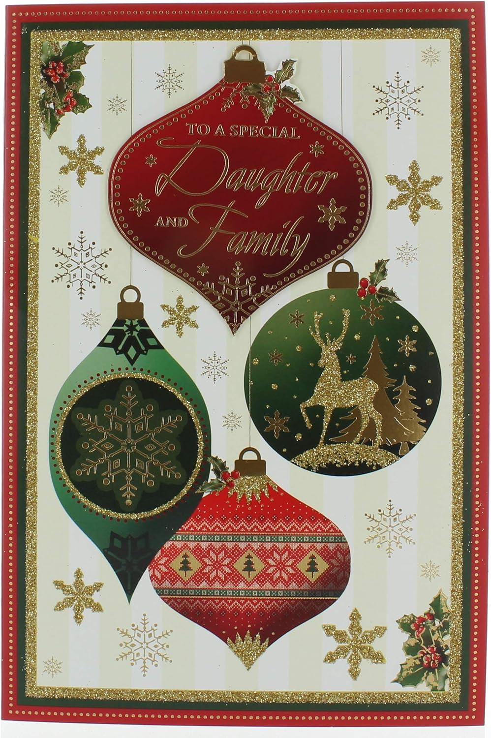 Daughter & Family Christmas Card - Snowy Tree Holly Border and Silver Foil 9x6", Metallic, Silver, 23cm x 15cm