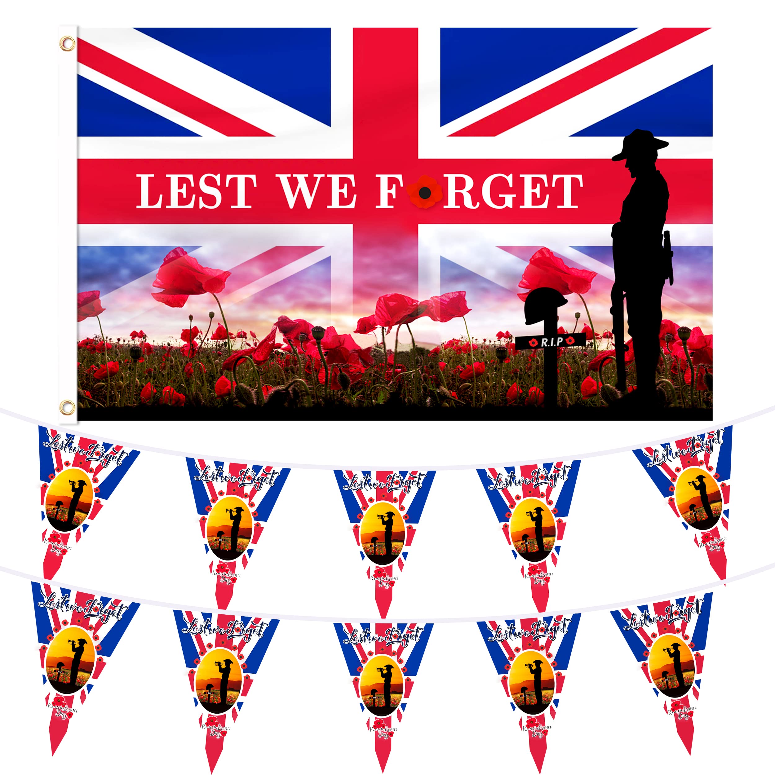 Abitoncc Lest We Forget Flag - 5ft x 3ft Remembrance Bunting for Garden & Outdoor Poppy Day Decorations