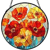 XFCICRLJ Poppy Flower Suncatcher Stained Glass Window Hanging, Poppy Flower Gifts Sun Catchers Indoor Window Glass Wall Art Decor, Floral Wall Hanging Decor Decorations, 7.9x7.9 Inch 032-MH-BLGH