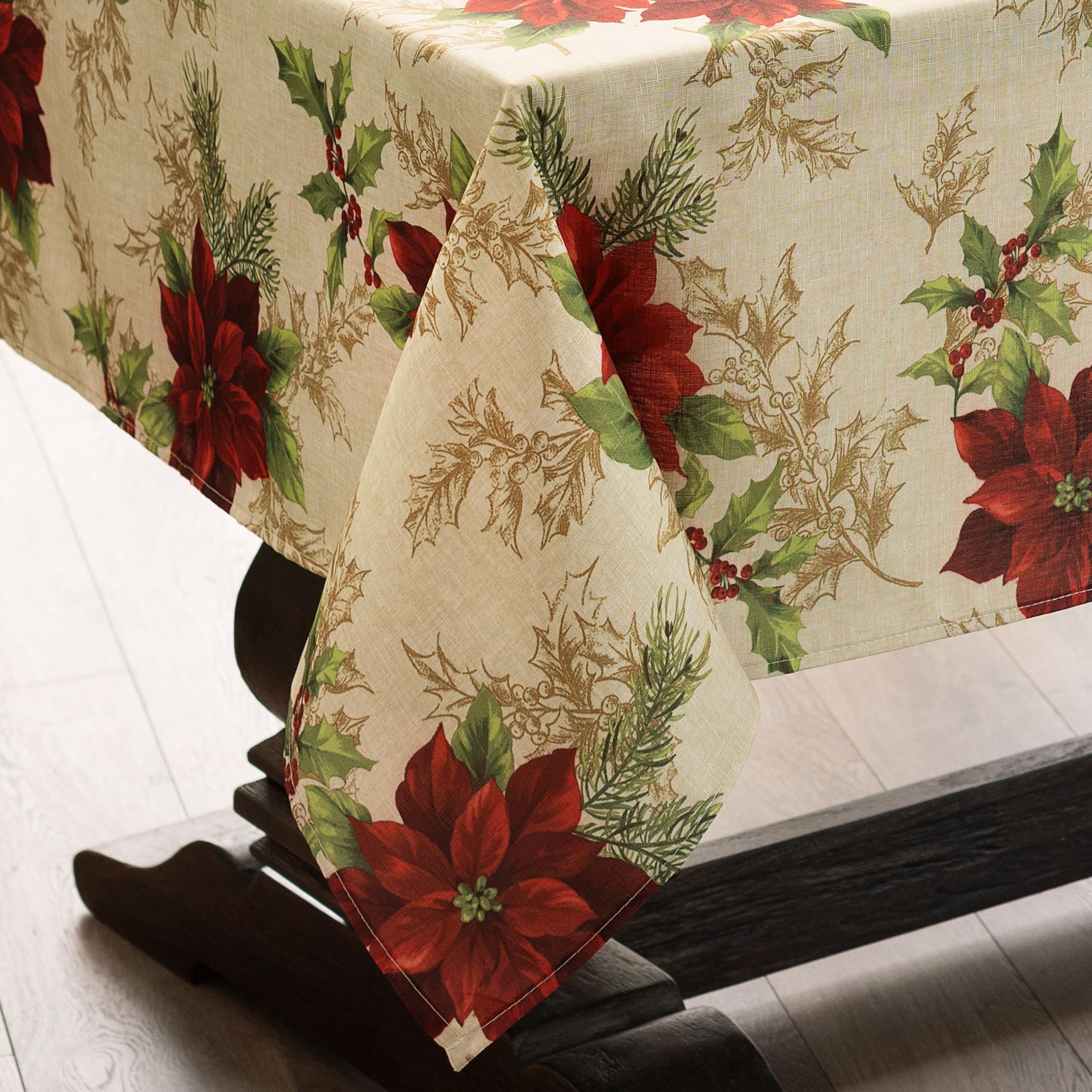 Elrene Home Fashions Festive Poinsettia Holiday Fabric Tablecloth, Multi, 60"x102" Rectangle Tablecloth