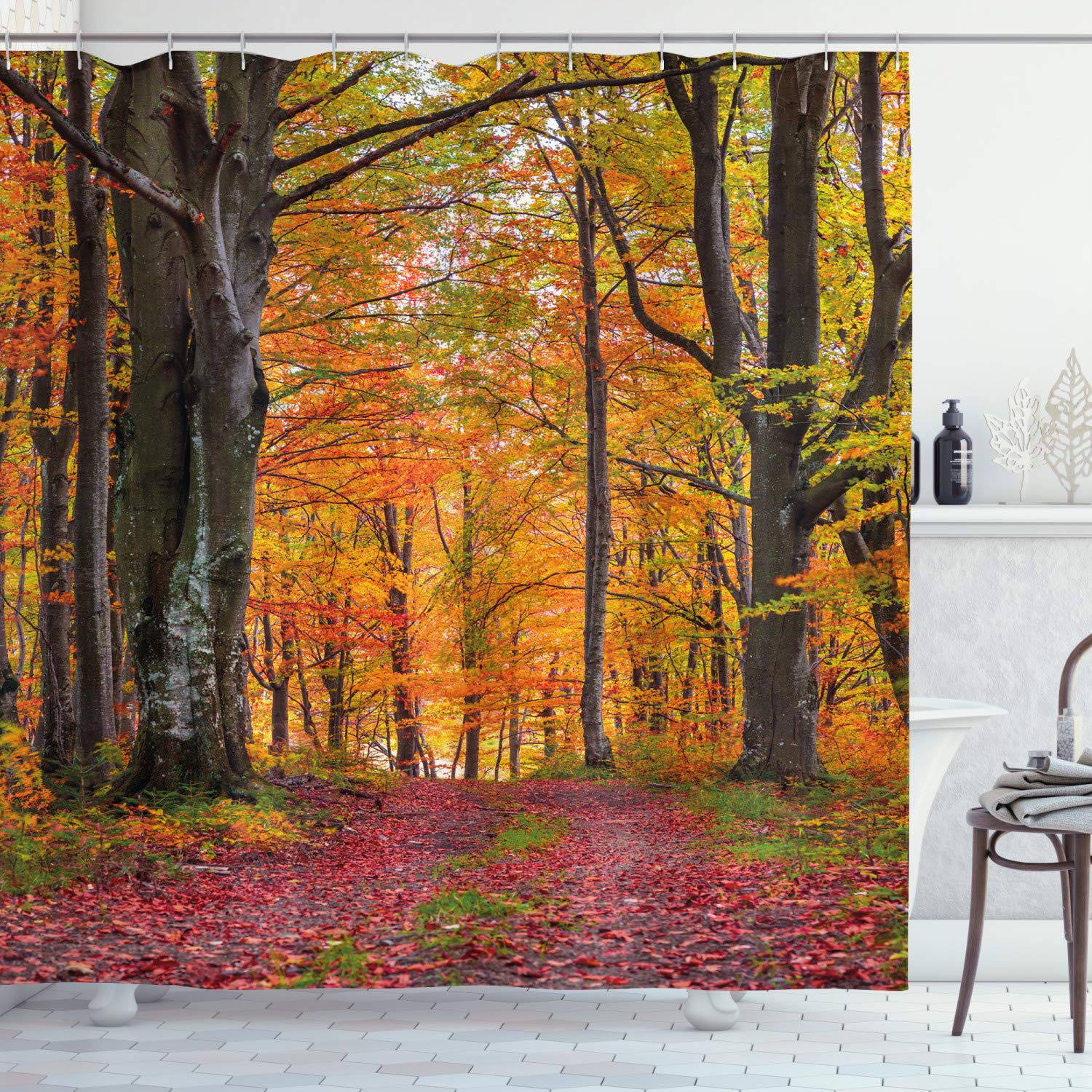 ABAKUHAUS Autumn Shower Curtain, Fall Forest Shady Deciduous Trees and Faded Leaf Magic Woodland Picture, Cloth Fabric Bathroom Decor Set with Hooks, 70 Inches, Apricot Brown Red