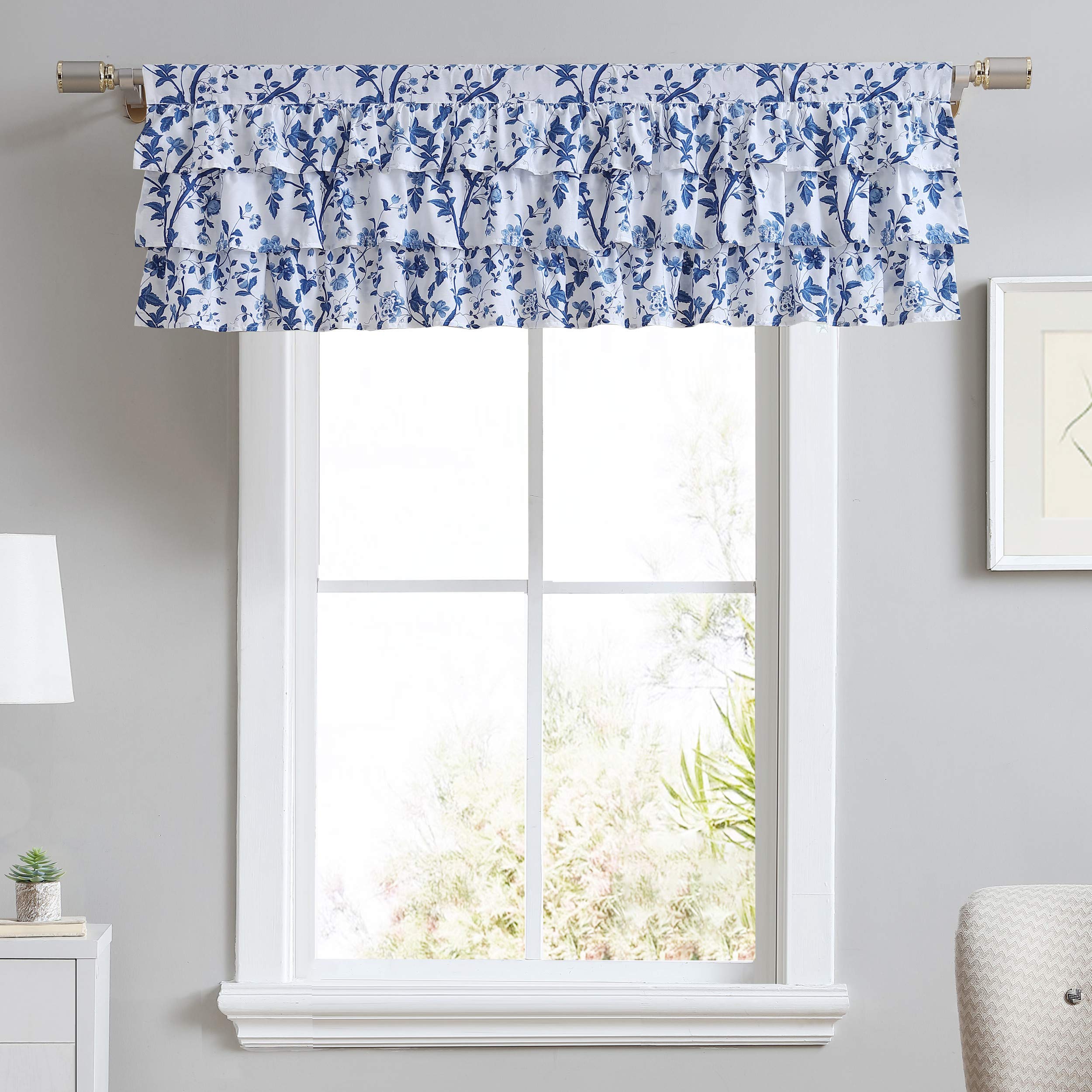 Laura Ashley Home - Cotton Pole Top Valance, Stylish & Lightweight Window Treatment for Home Decor (Elise Blue, 50" x 18")