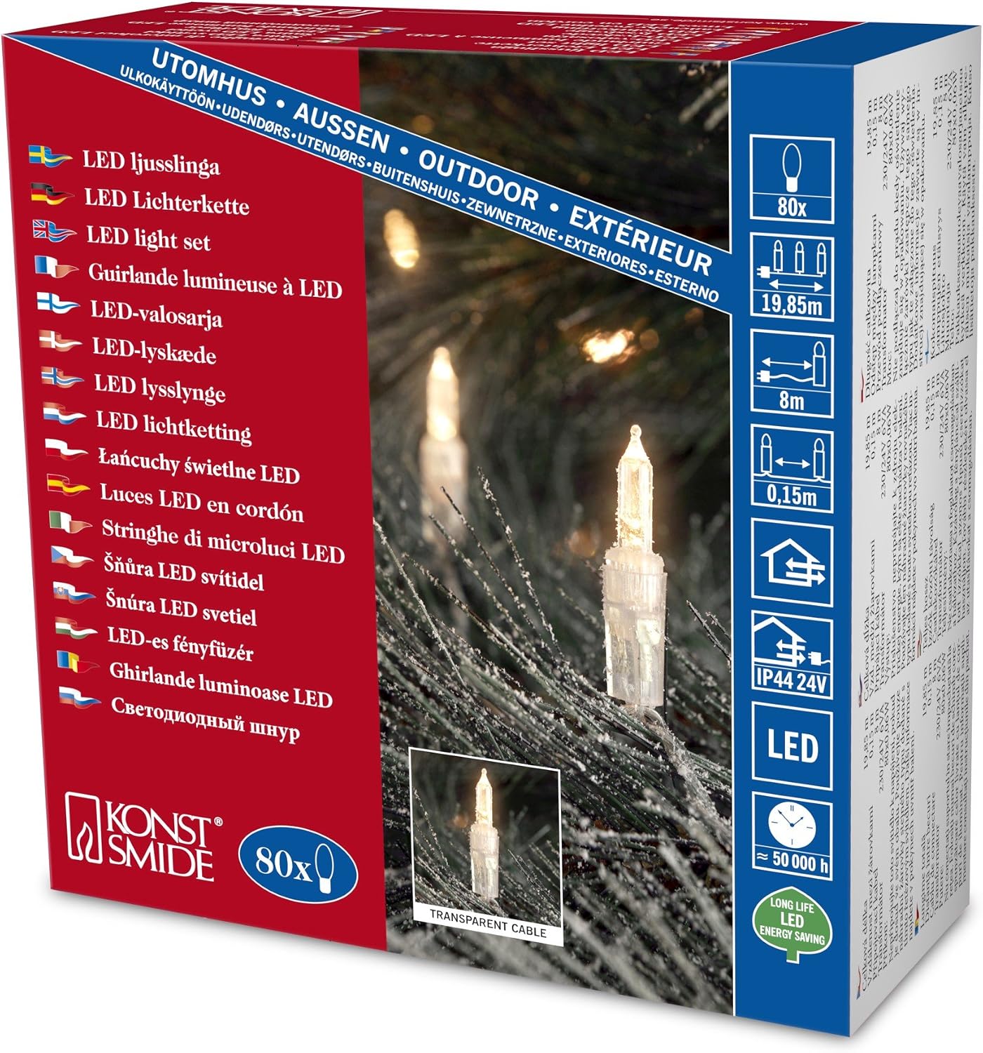 Konstsmide Christmas Lights LED Light Sets Traditional Style Static Fairy Lights / Outdoor or Indoor (IP44) / 80 Warm White Diodes / Transparent Cable String Lights