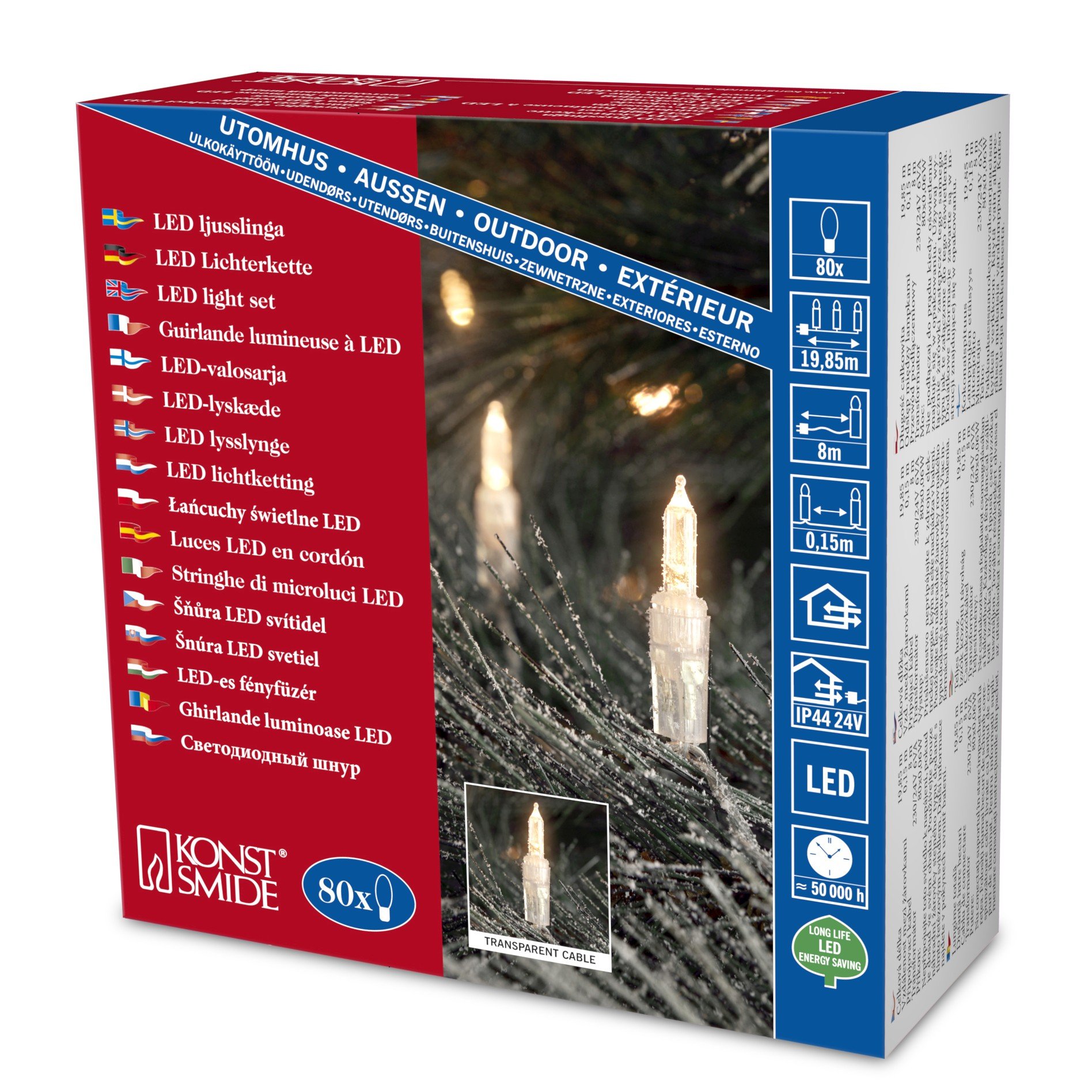 Konstsmide Christmas Lights LED Light Sets Traditional Style Static Fairy Lights / Outdoor or Indoor (IP44) / 80 Warm White Diodes / Transparent Cable String Lights