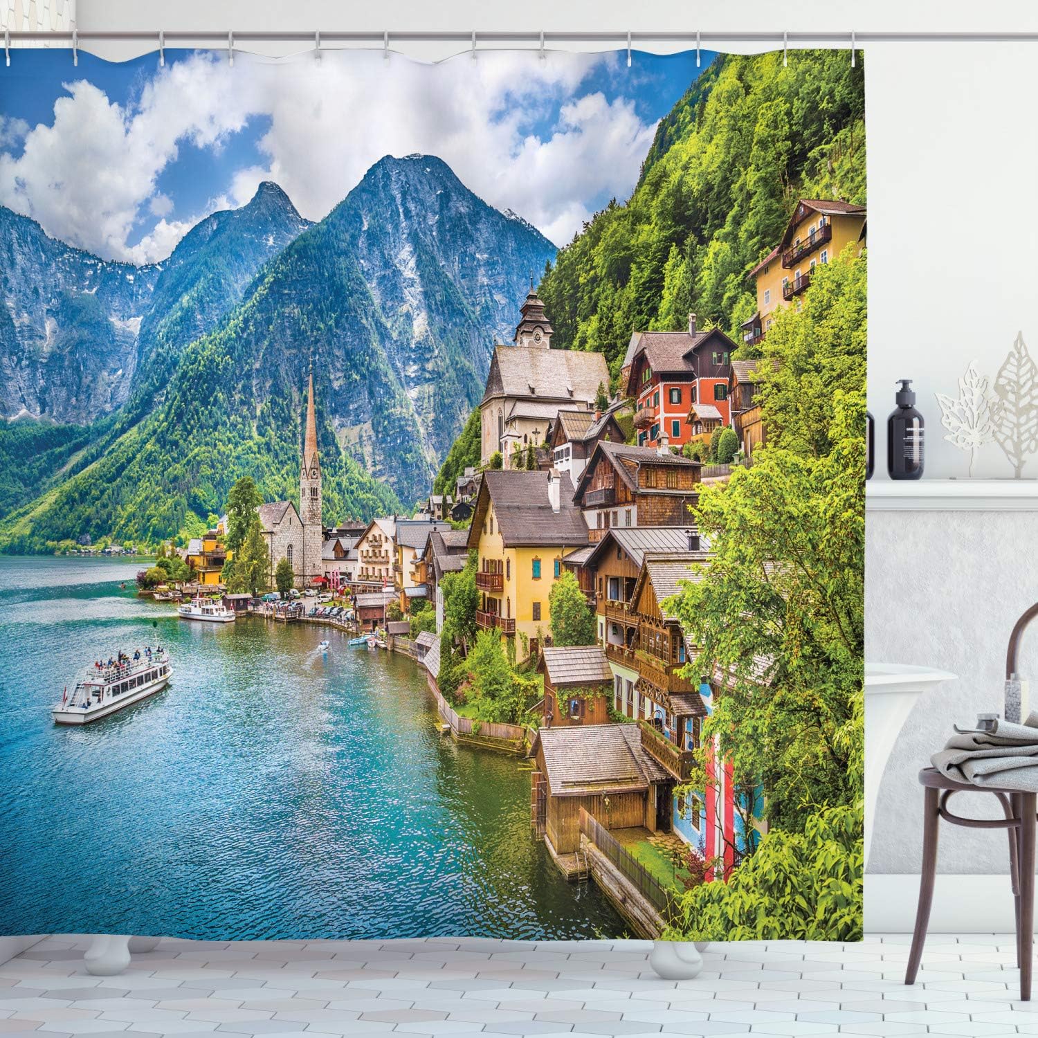 Ambesonne Wanderlust Shower Curtain, Hallstatt Mountain Village with Lake Hallstatt in The Austrian Alps Countryside, Cloth Fabric Bathroom Decor Set with Hooks, 70" Long, Green Blue