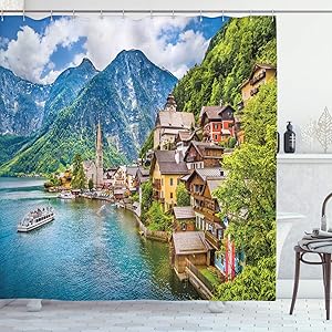 Ambesonne Wanderlust Shower Curtain, Hallstatt Mountain Village with Lake Hallstatt in The Austrian Alps Countryside, Cloth Fabric Bathroom Decor Set with Hooks, 70" Long, Green Blue