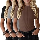 YooAurvox 3 Pack Girls Mock Turtleneck Short Sleeve Shirts Kids Ribbed Knit T Shirts Slim Fit Tops Basic Casual Summer Tee