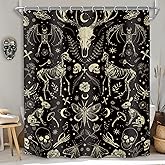 MESHELLY Black Skull Shower Curtain 60Wx72H Gothic Goth Skeleton Bone Spooky Mystic Western Bathroom Curtain Vintage Cool Funny Bull Moth Moon Bath Curtain Bathroom Accessories Decor with 12 Hooks