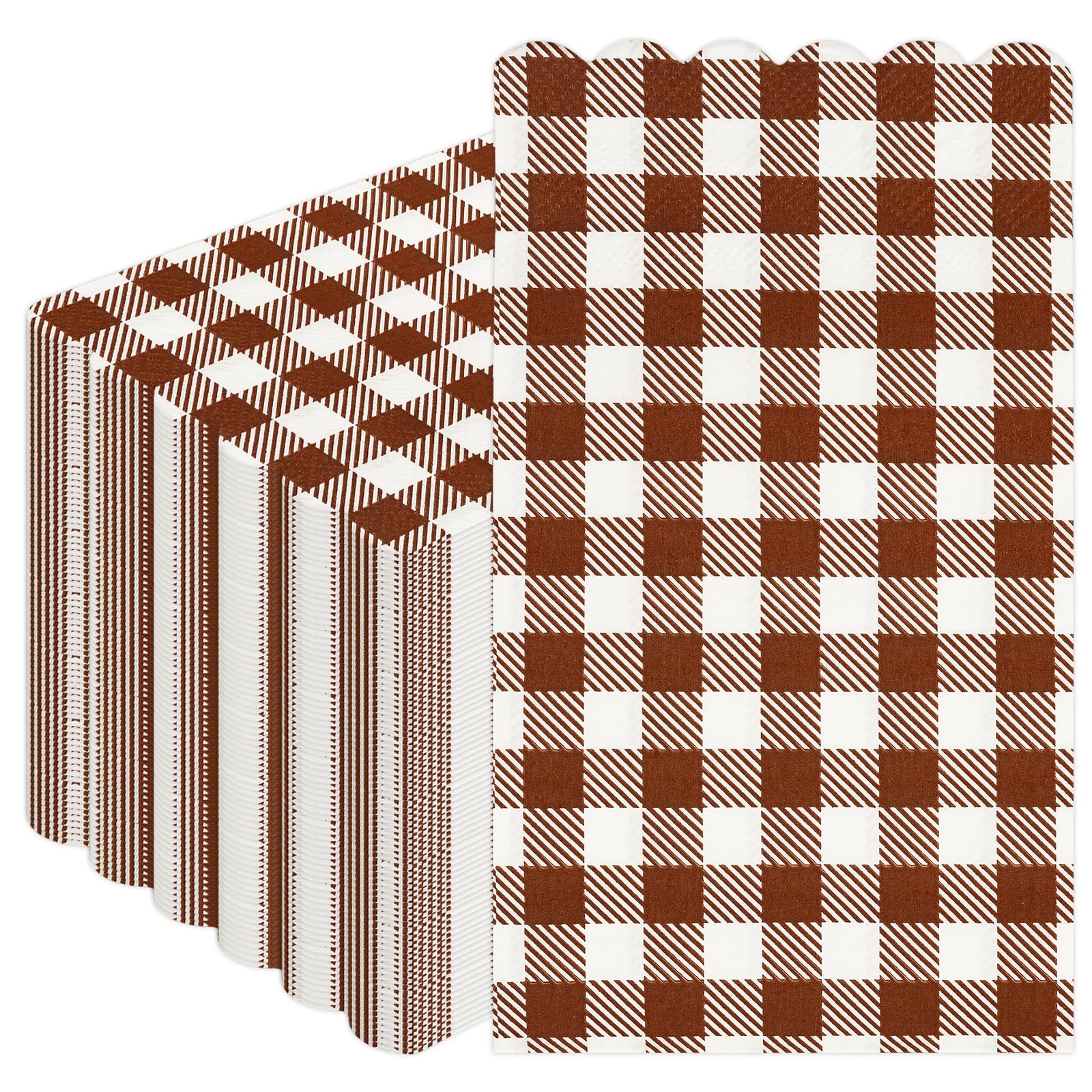 Photo 1 of 100Pcs Brown Gingham Napkins Disposable - Brown and White Paper Napkins Buffalo Plaid Dinner Scalloped Napkin for Bathroom Picnic BBQ Bridal Shower Birthday Wedding Party Supplies 13"x15.8"