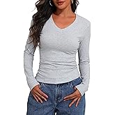 PrettyGuide Womens Cotton Long Sleeve Shirts V Neck Slim Fit Basic Tees Fall Spring Casual Going Out Tops
