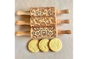 FLOWERS 3 Kid Rolling Pin Set with Damask, Folk and Floral Wreath Patterns. Wooden Laser Cut Mini Rolling Pins for Cookies, P