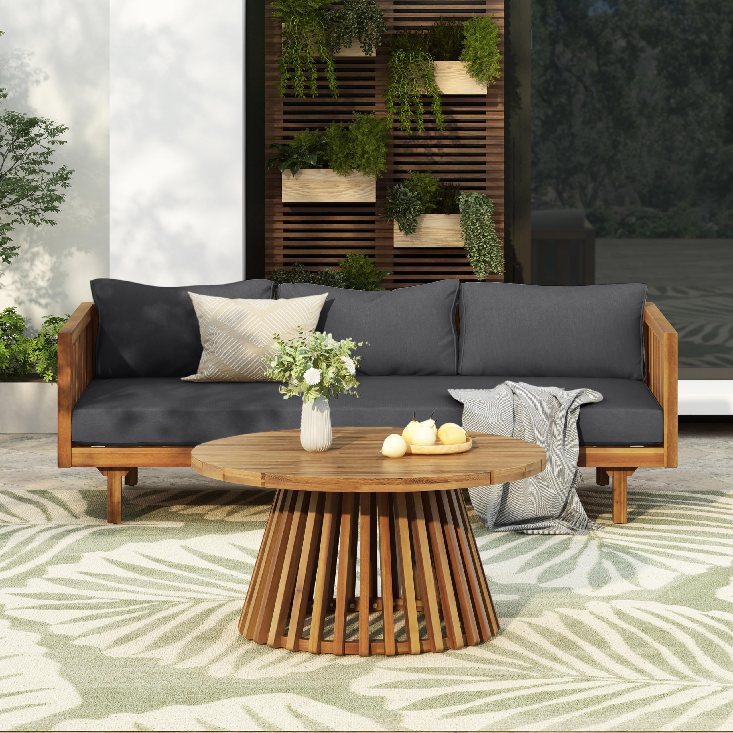 Photo 1 of **MISSING TABLE**Merax Outdoor Acacia Wood Conversation Set, 3-Seat Loveseat Sofa w/Coushion and Round Coffee Table for Backyard, Patio Furniture, Teak+Dark Gray