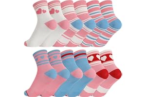 Jspupifip Kids Girls Crew Athletic Socks with Retro Stripes Hearts Cartoon Patterns for Running Sport Outdoor