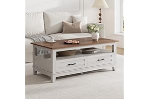 47.2 Inch Farmhouse Coffee Table with Drawers and Open Shelf, Rustic Wood Center Table with 6 Support Legs for Living Room