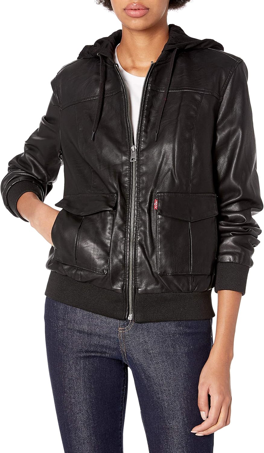 Levi's Women's FauxLeather Bomber Jacket with Jersey Knit Hood, Black