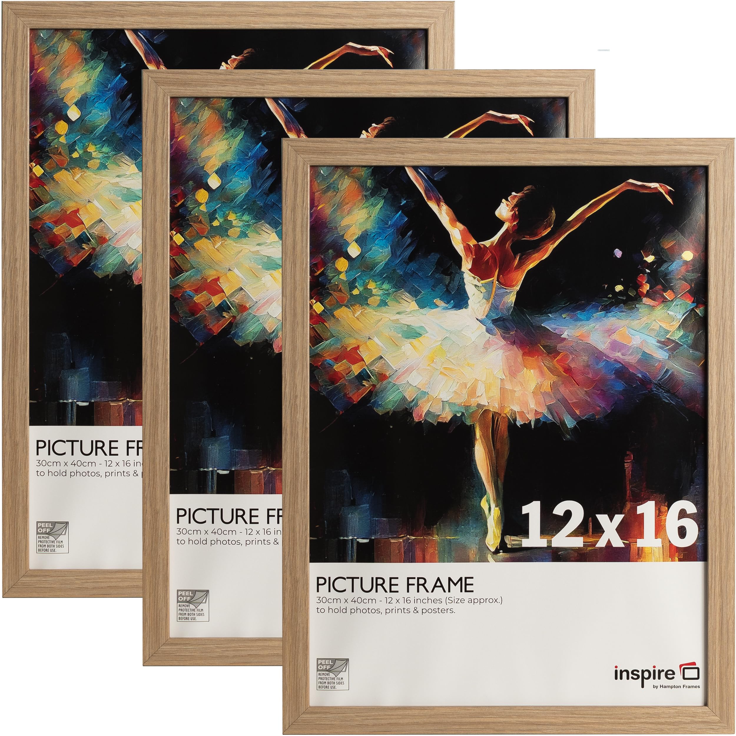 inspire by Hampton Frames | SORBONNE Picture Frame 3-Pack | 12x16 Inch (30x40cm), Oak Effect, Acrylic Front | Lightweight, Shatter-Resistant, Wall Mount | Modern Photo Display