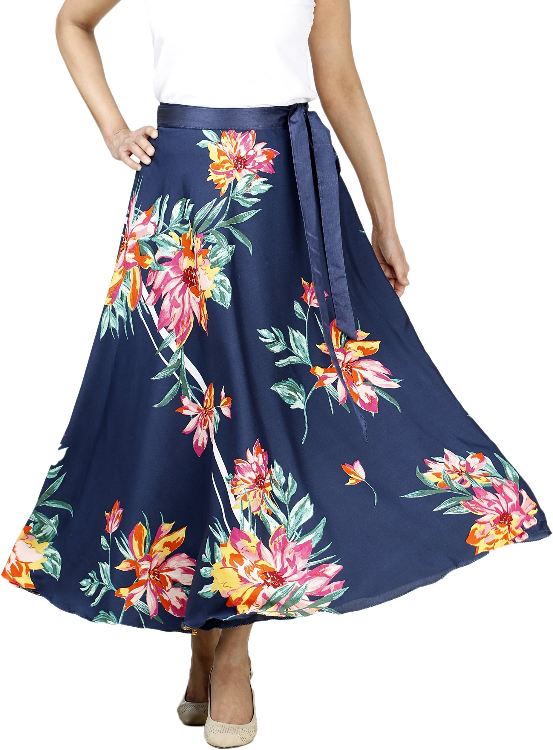 DeeVineeTi Women's Crepe Floral Wrap-Around Skirt (WA000132, Blue, Freesize)