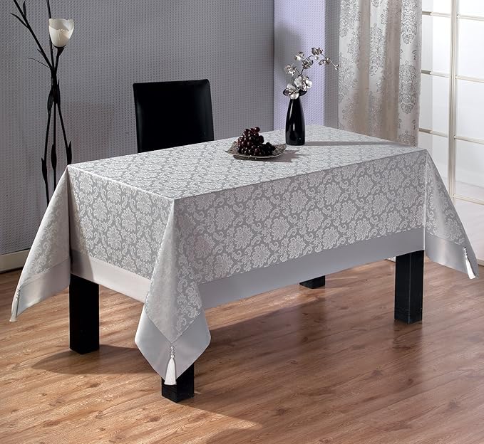 beytug Large Polycotton Grey Tablecloth with Damask Pattern 160 x 220CM