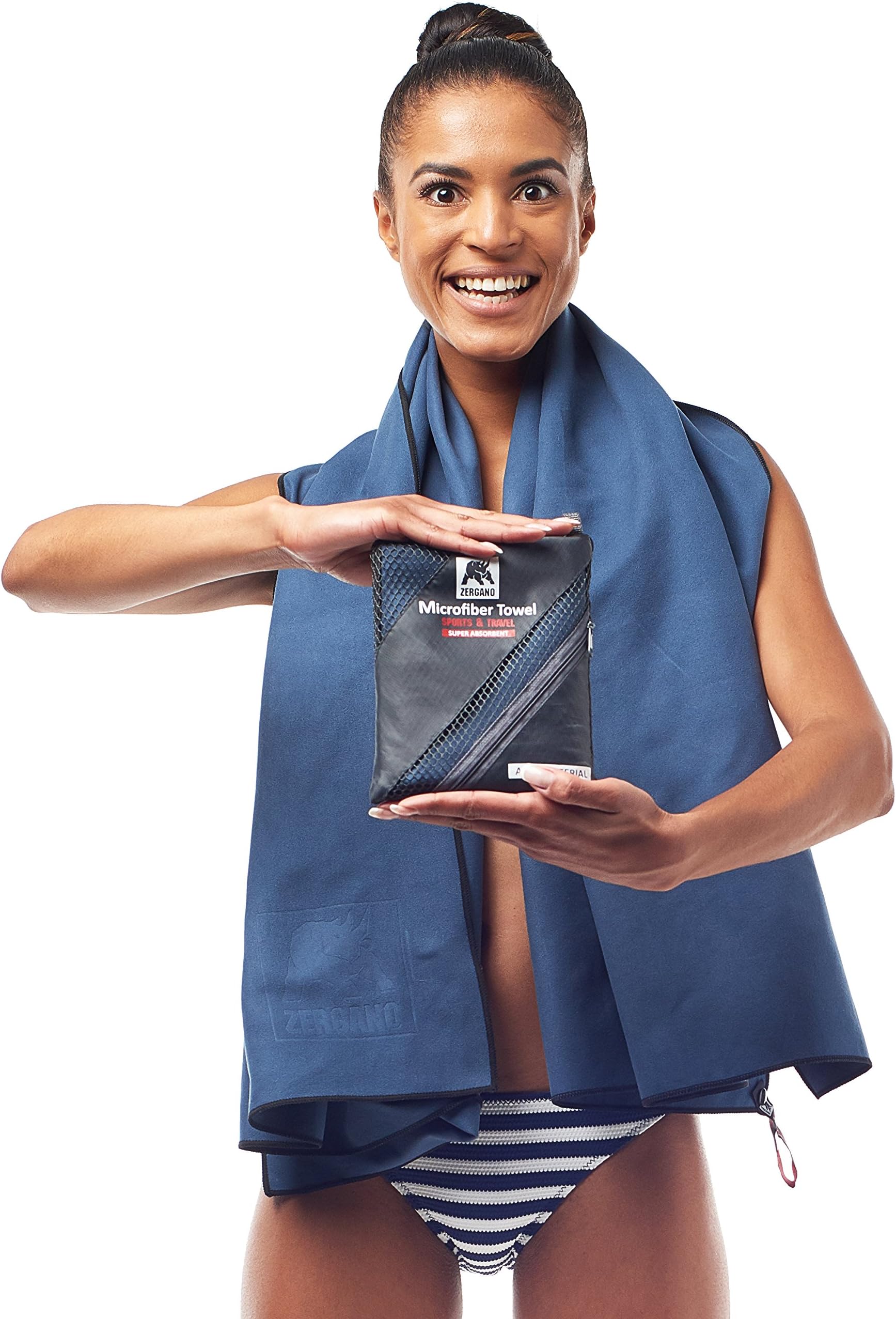 Zergano Microfiber Towel Sports and Travel, Quick Drying Towel | Super Absorbent and Antibacterial (Navy Blue, Large)