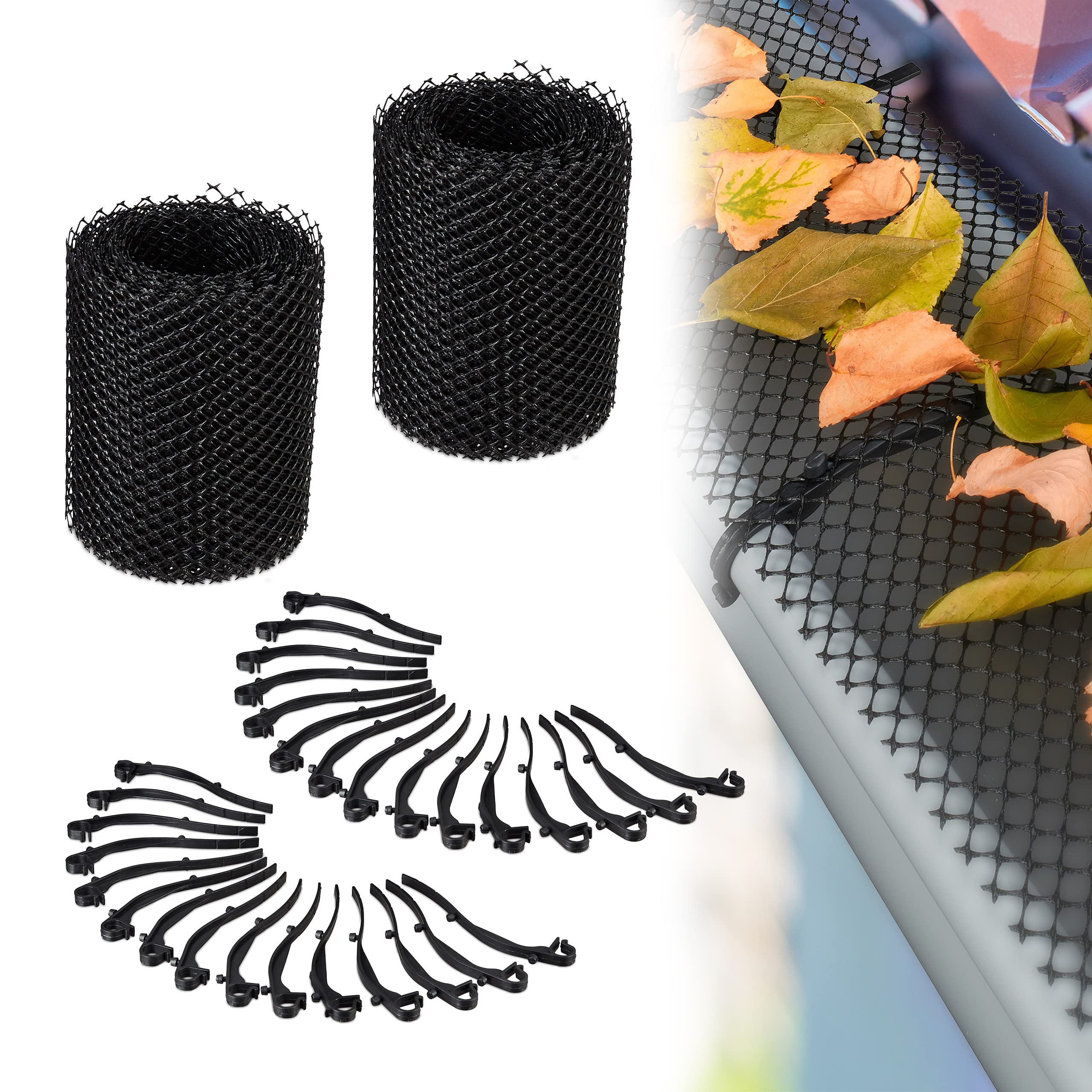 Relaxdays Gutter Brush Clips, Set of 2, each 6 m x 15 cm, Plastic Gutter Mesh Guard, 12 m Leaf Guard, Rain Gutter, Black