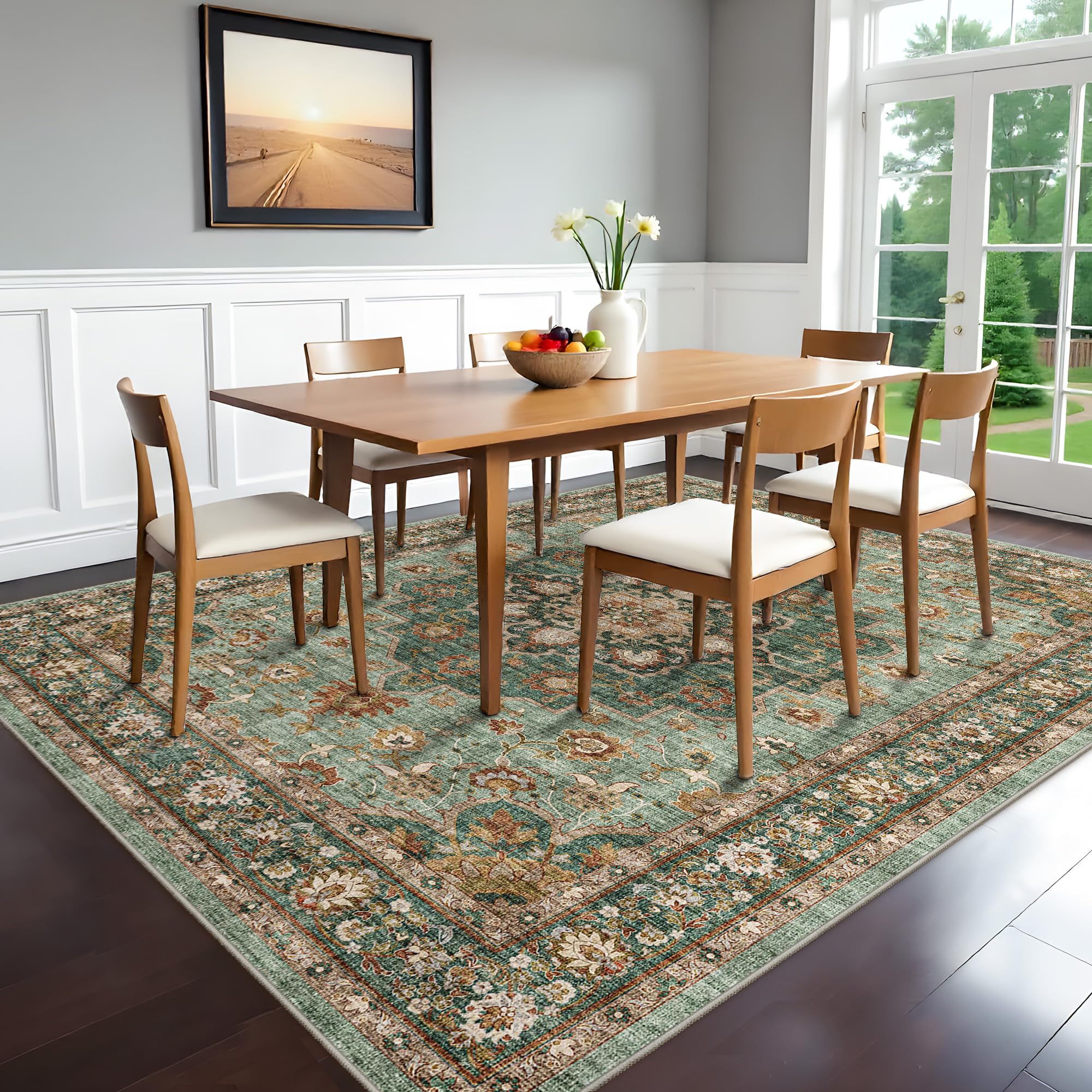 Dining Room Rugs for Under Table - Washable Green 6x8 Area Rug for Living Room Bedroom Soft Low Pile Non Slip Stain Resistant Carpet - Perfect for Homes with Pets & Kids (Green, 6x8) Image