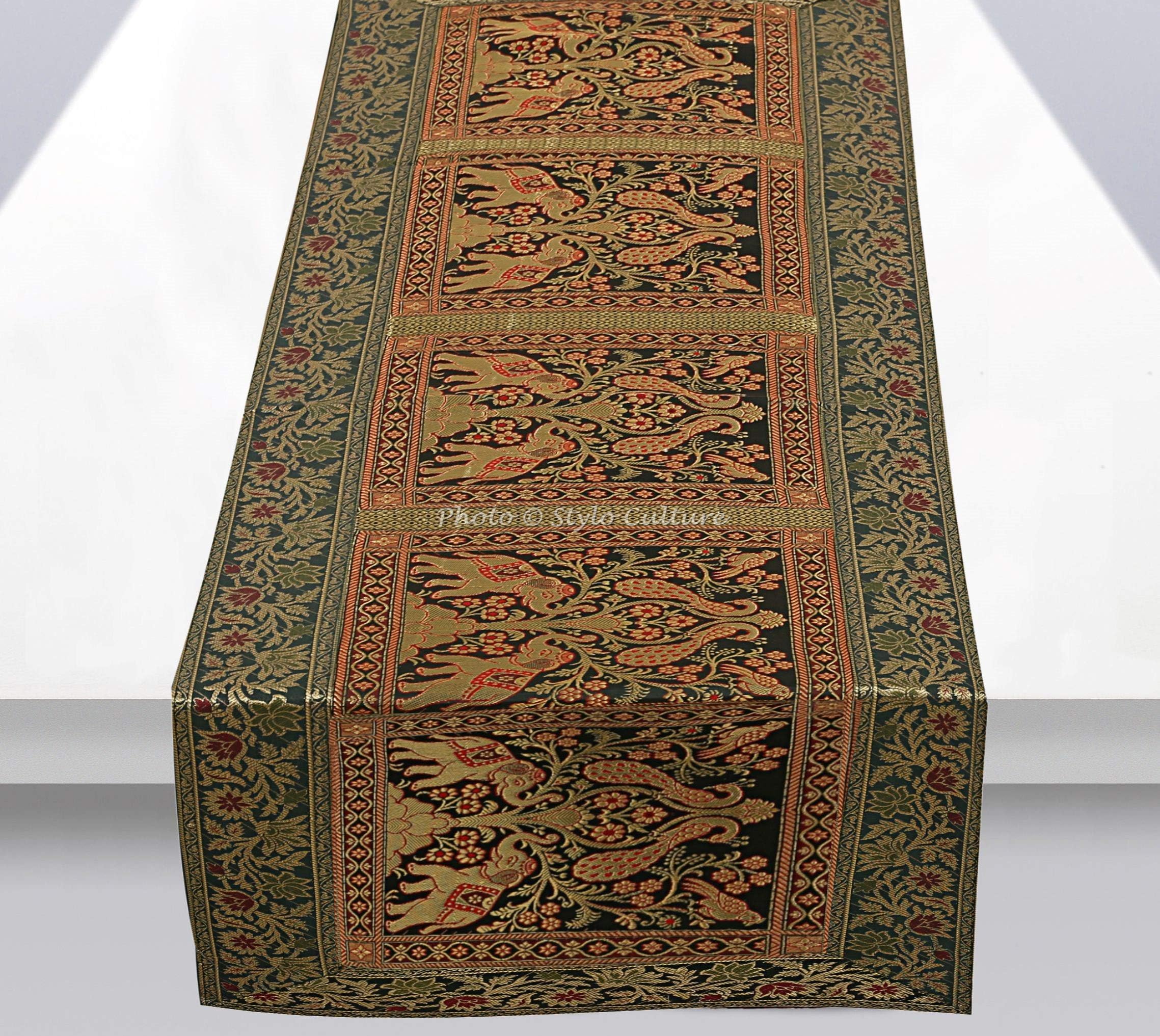 Stylo Culture Traditional Centre Table Runner For Dining Table Dark Green Brocade Jacquard & Satin Bohemian Elephant Peacock Extra Long Indian Table Decor | 60x16 Inches (152 x 40 cm)