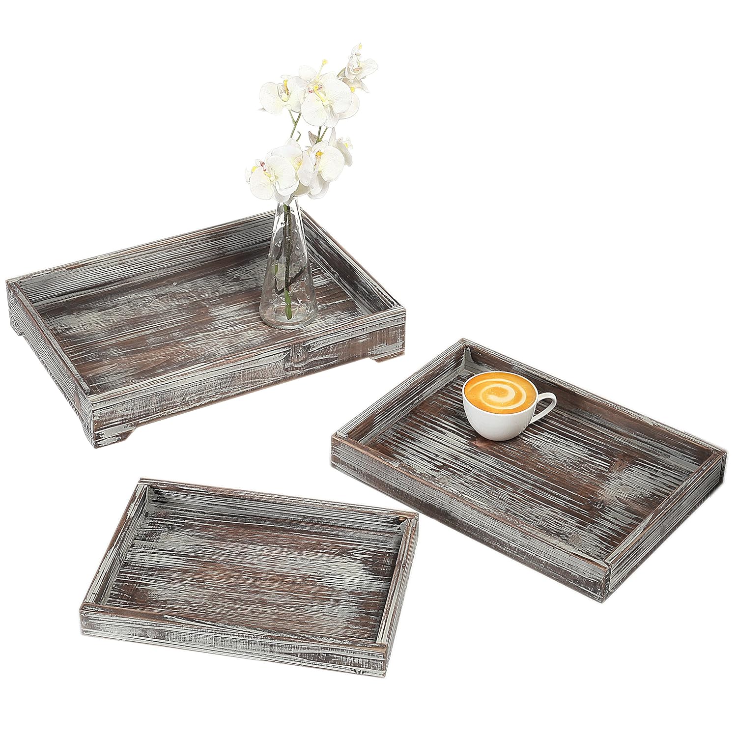 3 Piece Decorative Display Tray Set MyGift Whitewash Brown Wood Nesting