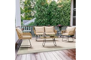 YITAHOME Patio Furniture Wicker Outdoor Bistro Set, 4-Piece All Weather Patio Furniture Rattan Conversation Loveseat Sets for Backyard, Balcony and Deck, Light Brown+Beige