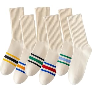 ULEEMARK 6 Pairs Of Neutral Crew Socks, Striped Retro Sports Calf Leather Socks, Casual Cotton Socks For Men & Women（7-15）