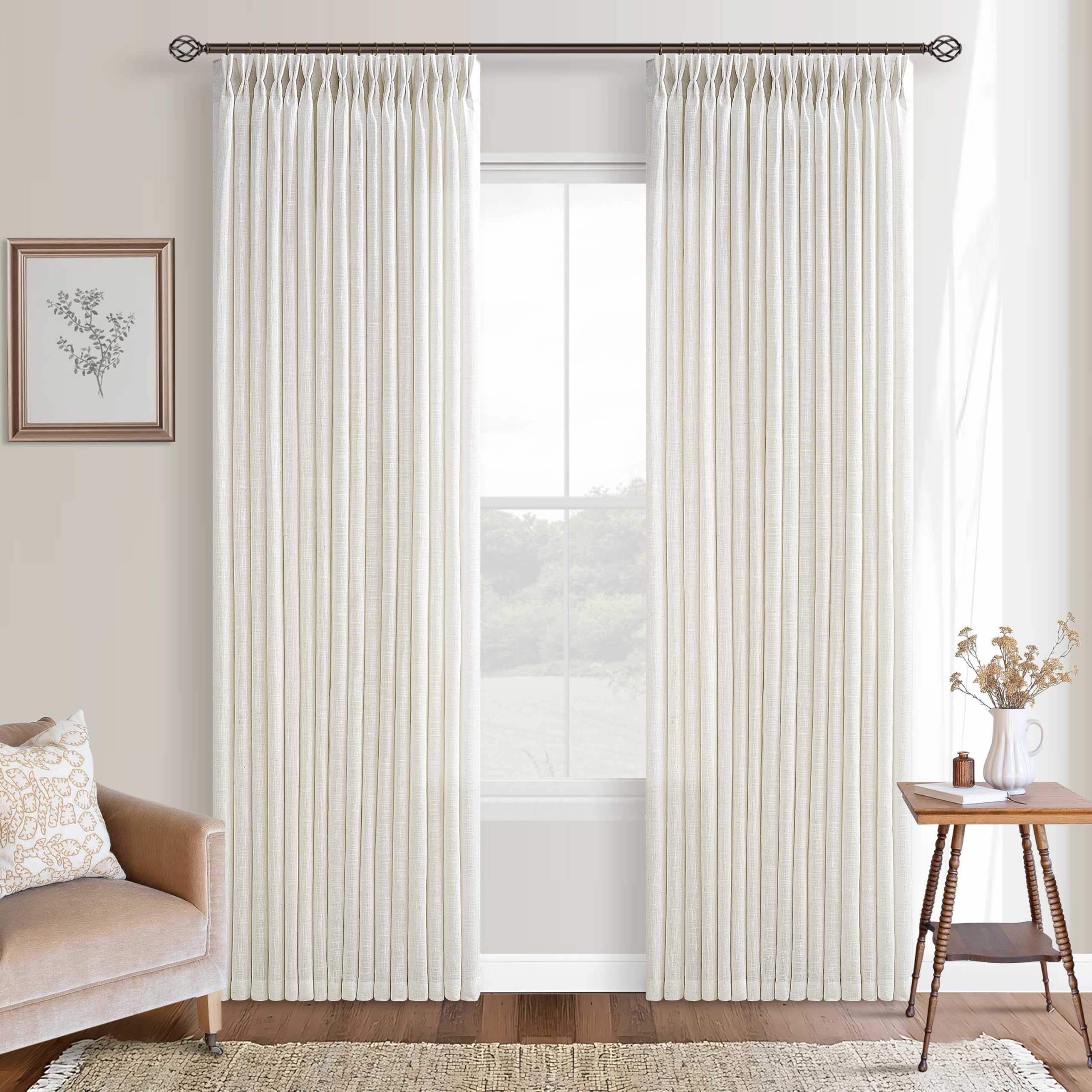 Photo 1 of 105 Inch Linen Curtains Pinch Pleated for Living Room Dining 2 Panels Set Cream Ivory Pleat Drapes Back Tab Semi Sheer Neutral Boho Ceiling to Floor 105 Inch Curtains for Bedroom Window W50xL105
