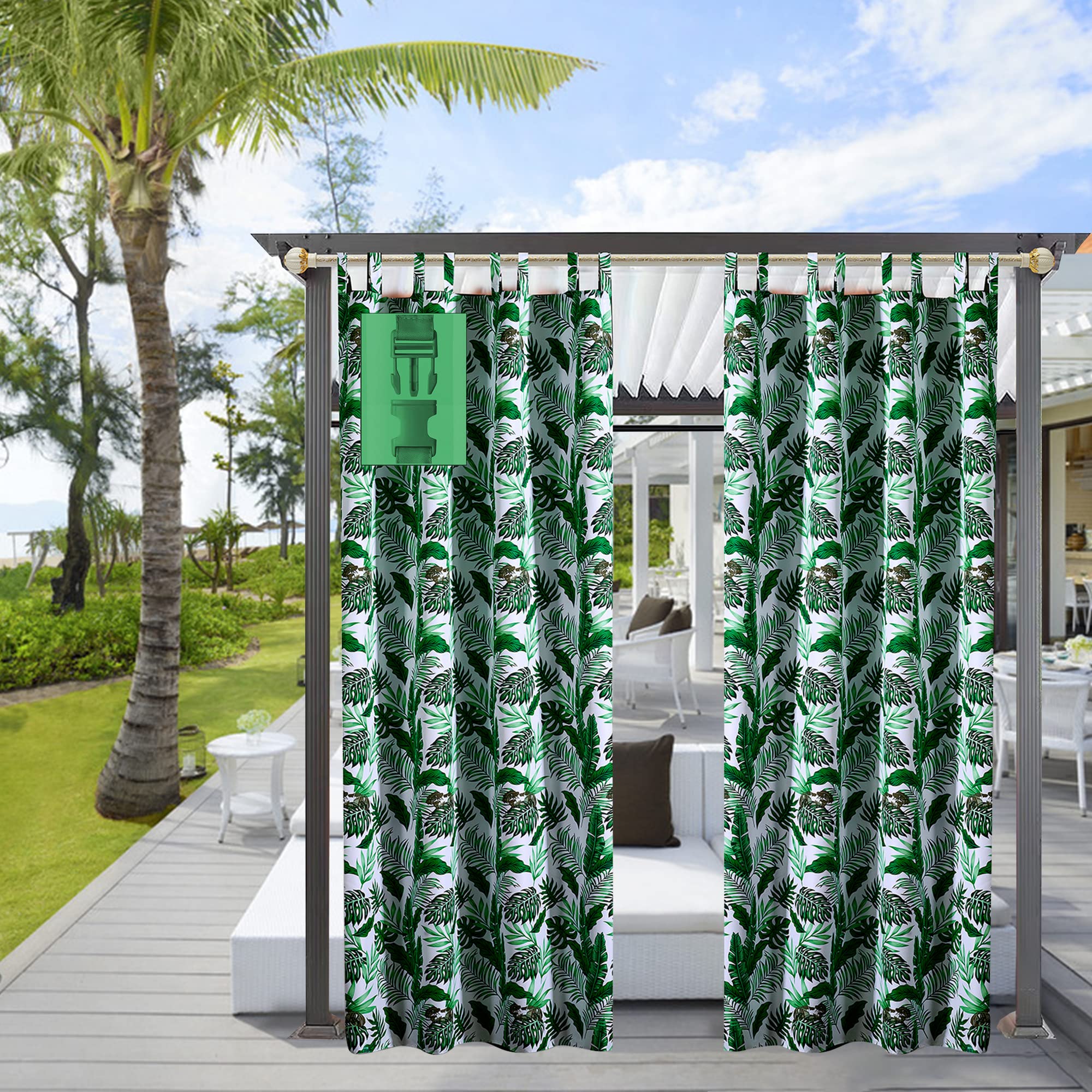 Comlax Outdoor Curtains Waterproof - 132x245 cm Tropical Leaves Printed Garden Thermal Insulation Blackout Drapes Detachable Buckle Tieback for Indoor Window and Outside Porch Pool, Balcony Green