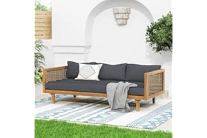 Merax 67.5" Outdoor Patio Daybed 3 Seater Sofa Bed,Acacia Wood Frame with Rattan Arm,Cushion & Pillow for Garden