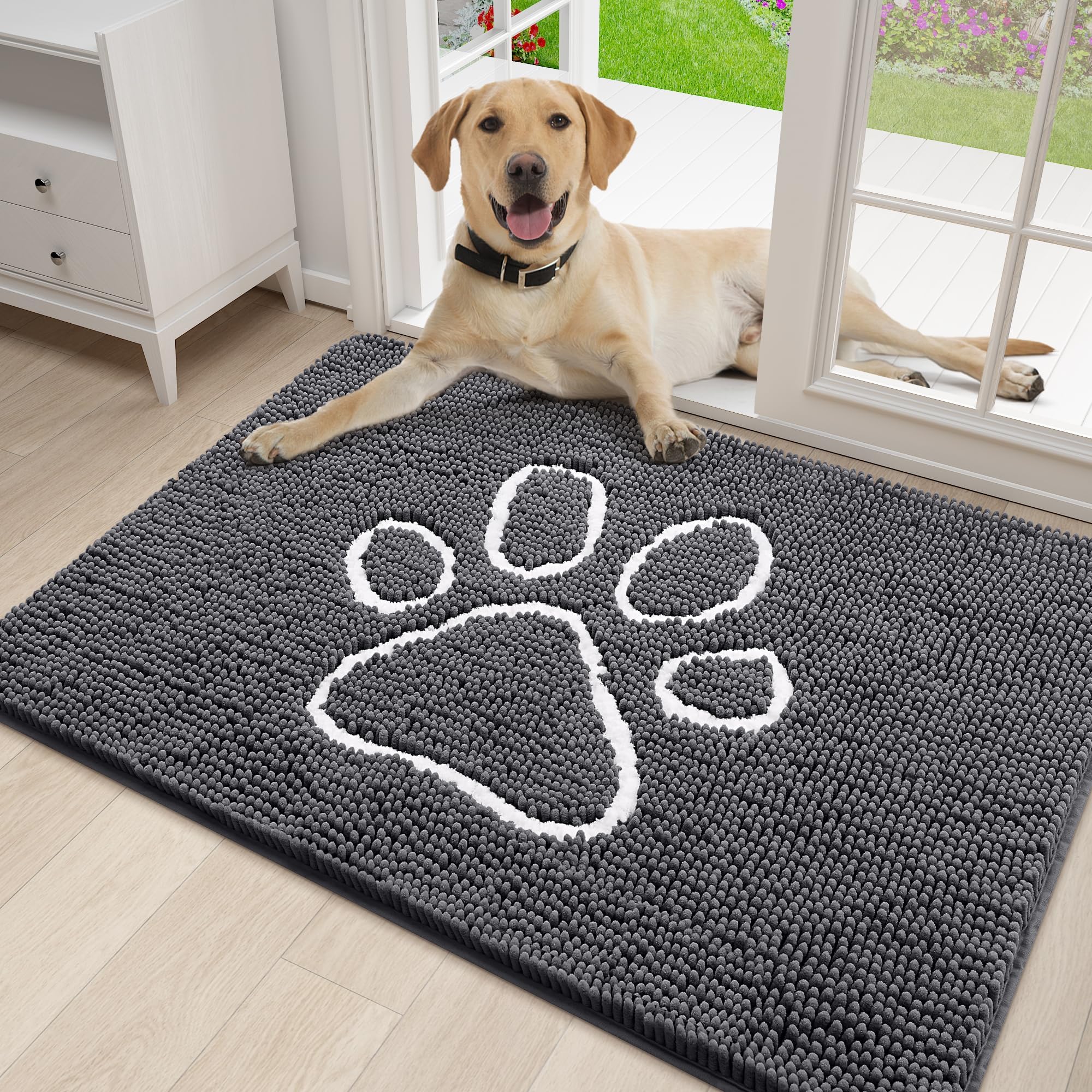 Homaxy Dog Door Mats Indoor, Super Absorbent Non Slip Doormats, Soft Chenille Floor Mat, Machine Washable Entrance Rug for Dogs Muddy Paws, Muddy Wet Shoes, Bathroom, Kitchen - 50 x 75 cm, Dark Grey