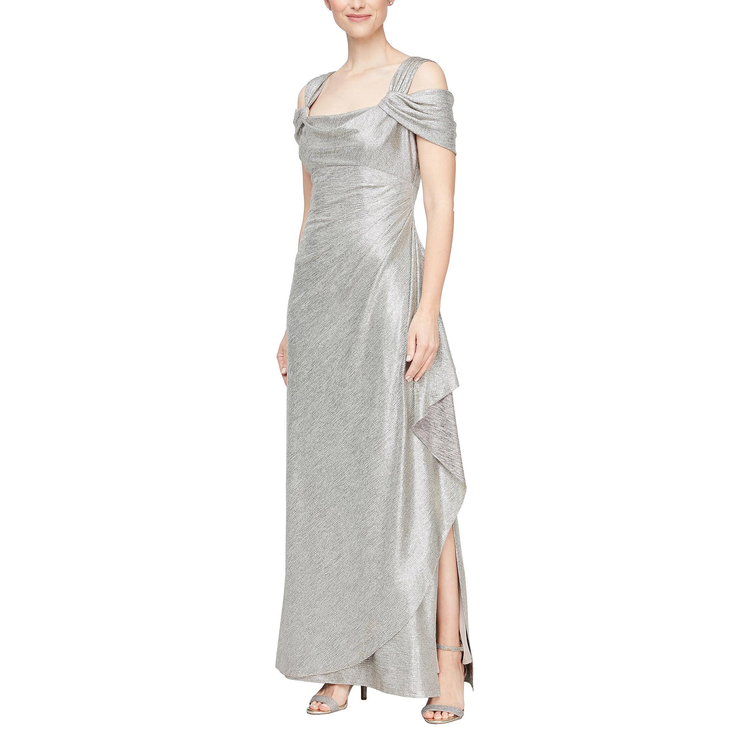 Alex Evenings Women’s Long Cold Shoulder Dress, Mother of the Bride, Formal Events, (Petite and Regular Sizes), Champagne Metallic, 6P