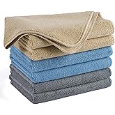 POLYTE Microfiber Cleaning Towel (16x24, 6 Pack, Professional, Blue,Camel,Gray)