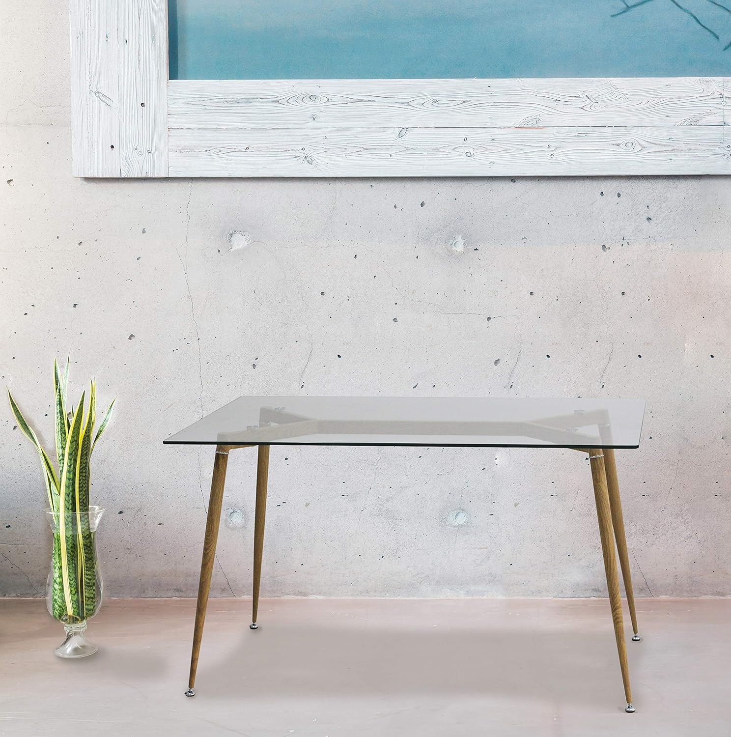 IDS Online Mid Century Glass Dining Table With Foot Pad, Office Desk, Size 51.18" X 31.50" X 29.53", Wooden Skin - Tables