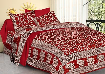 Jaipuri Bedspreads Cotton Rajasthani Jaipuri Prints Queen Size Bed Sheets with Pillow Covers (Red)