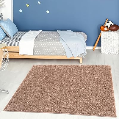 THE RUGS Living Room Shaggy Rug 120x120 Beige 30mm Thick Easy Clean