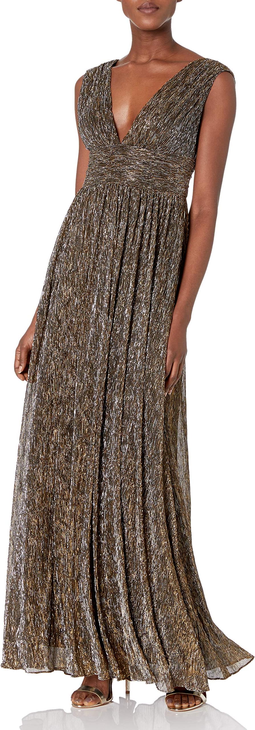 Aidan by Aidan Mattox Women's V Neck Long Crinkle Lurex Gown with Crushed Waist Detail