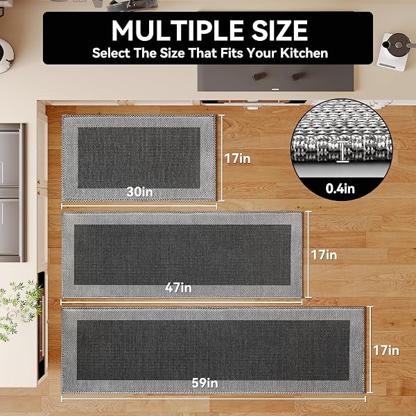 QICAIJIA KITCHEN MATS FOR FLOOR, SUPER ABSORBENT KITCHEN RUGS NON SLIP WASHABLE, SOFT BRAIDED KITCHEN RUNNER RUG, STANDING MAT KITCHEN SINK MAT, EASY TO CLEAN, BLACK 17X59