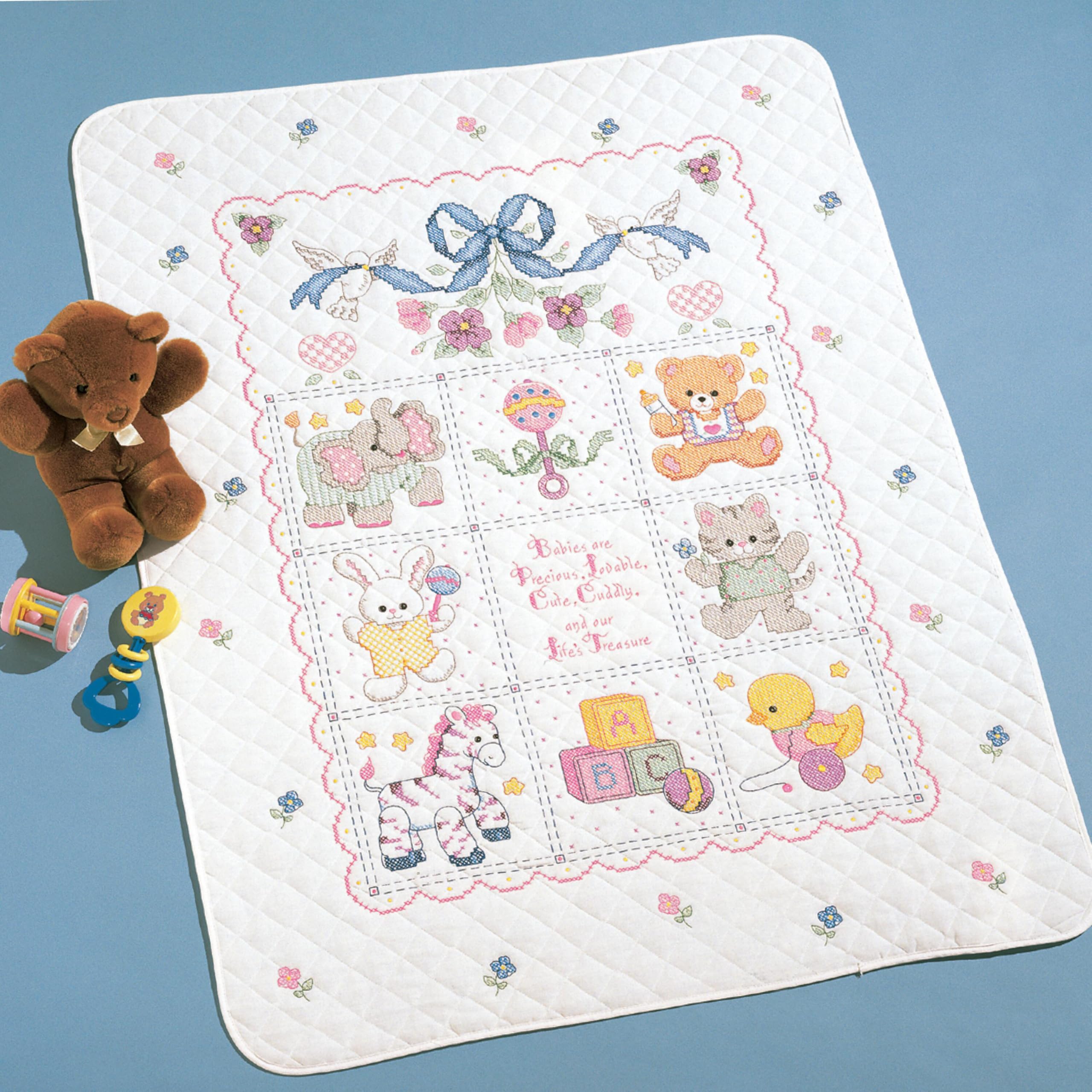 Bucilla Stamped Cross Stitch Crib Cover Kit, 34 by 43-Inch, 40787 Babies are Precious Blue