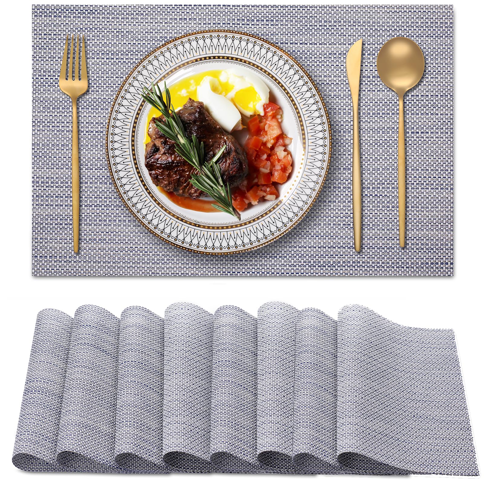 Blibalaskr Place Mats,Table Mats set of 8,Washable Non-Slip Placemats,Heat-resistant PVC Placemat,Suitable for kitchen,dining room,indoor outdoor (Gold Blue)