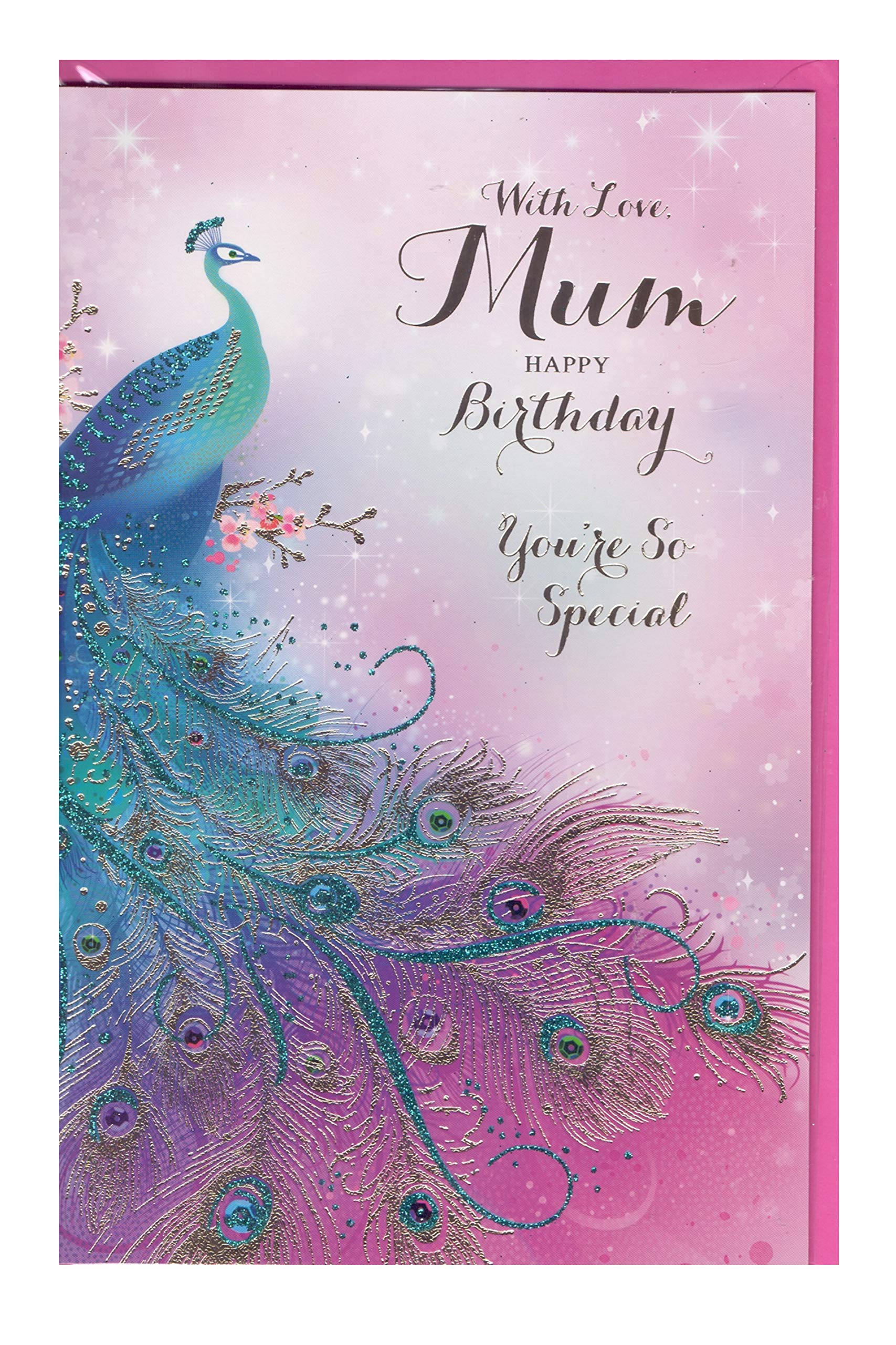 With Love, Mum Happy Birthday - Gold Foil & Flittered Peacock Birthday Card