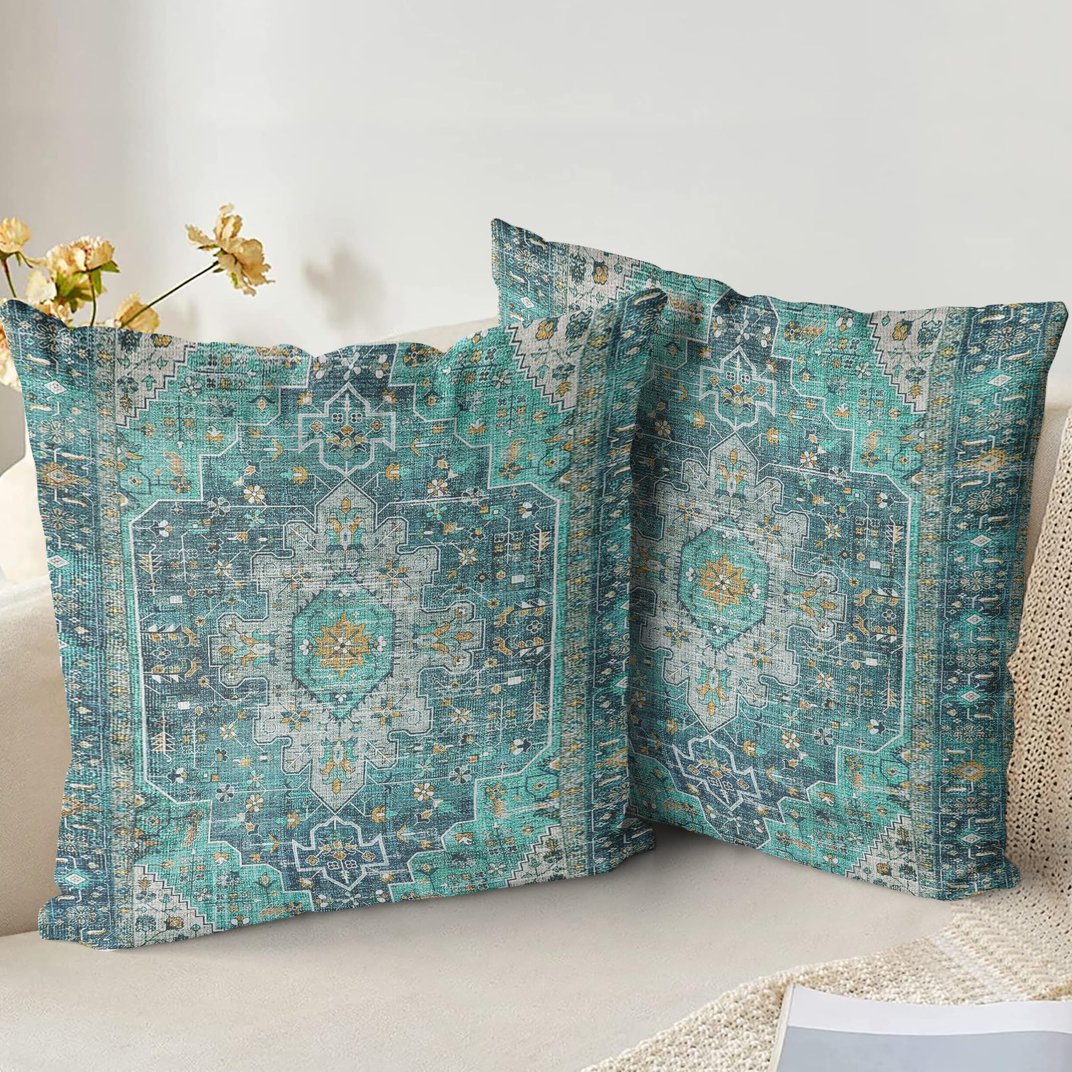 XPHZZL Cushion Covers 60cm x 60cm Set of 2 Soft Decorative Square Throw Pillow Case Boho Pillowcases for Sofa Bedroom Outdoor Home Office Car Decor with Invisible Zipper 24 x 24 Inch- Teal/Multi