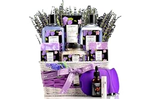 LOVERY Womens Christmas Gifts – Holiday Gift Baskets for Women, Spa Gifts for Women Who Have Everything – Bath and Body Gifts for Mom, Her Lavender & Lilac Bath Set Soap, Bath Bomb, Jojoba Oil, Lip Balm